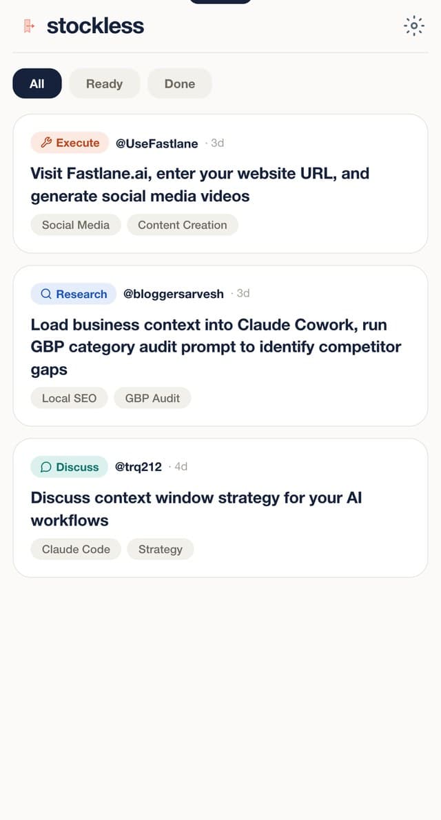 Stockless dashboard listing actions made from bookmarked X posts